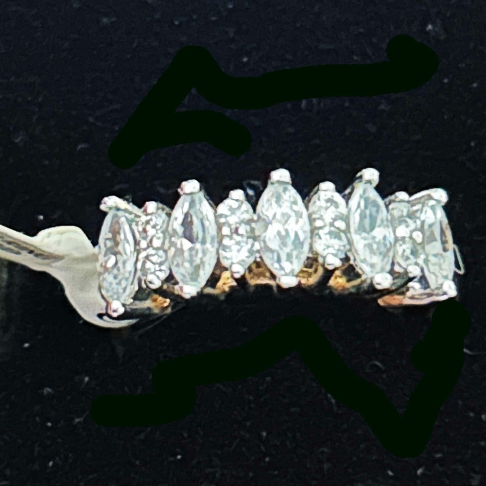 14kt GOLD PLATE RING, 9 MARQUIS CUBIC ZIRCONIAS, SIZE 6, TWO STONE SIZES, PRONG